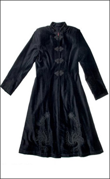 Black Womens 3/4 Length Fitted Velvet Coat with Black Embroidery