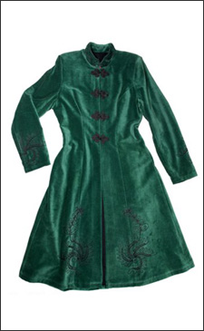 Green Womens 3/4 Length Fitted Velvet Coat with Black Embroidery