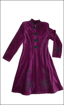 Magenta Womens 3/4 Length Fitted Velvet Coat with Black Embroidery
