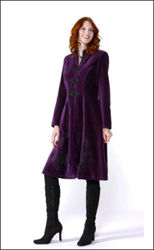 Purple Womens 3/4 Length Fitted Velvet Coat with Black Embroidery